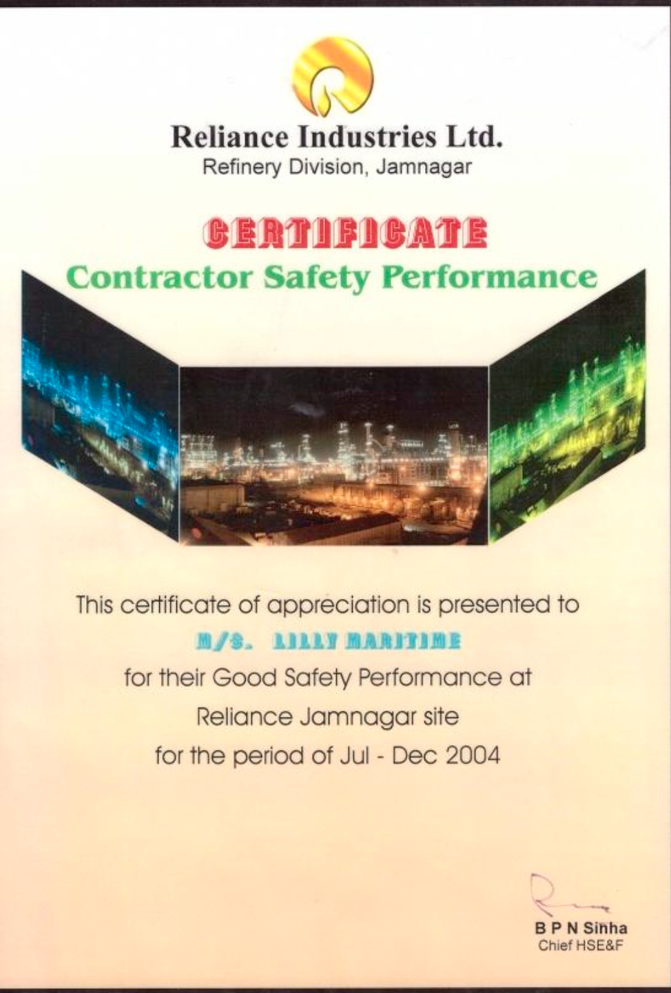 Certificate of Contractor Safety Performance